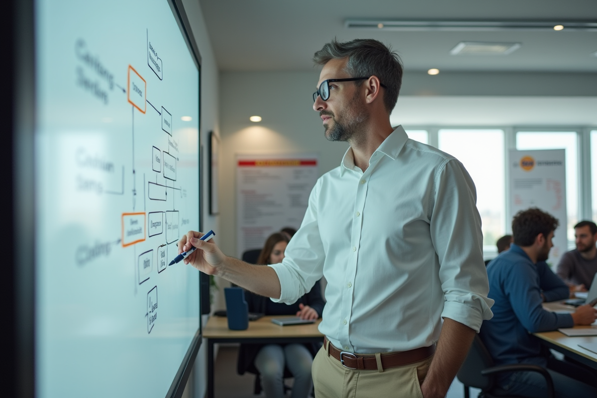 Homme expliquant un diagramme de données en classe