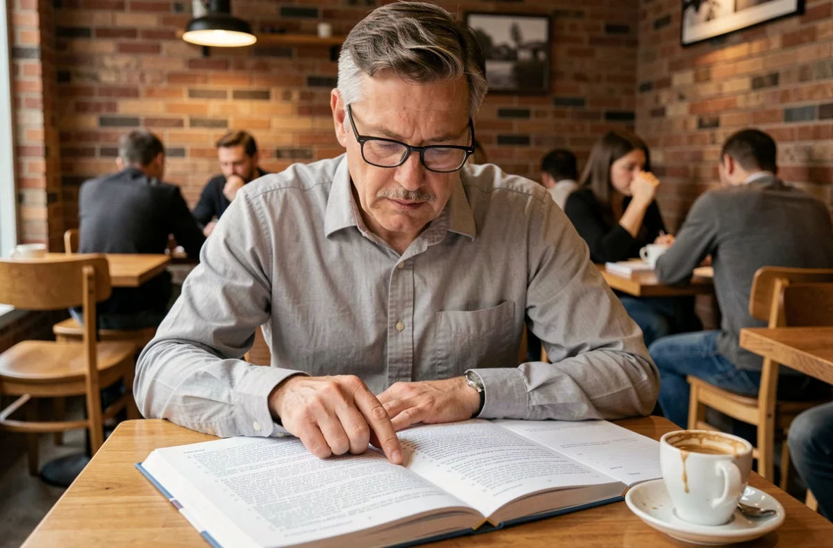 Homme d'âge mûr comparant deux livres de grammaire française sur les groupes de verbes dans un café