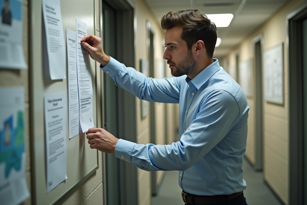 Jeune homme affichant un document dans un couloir d office