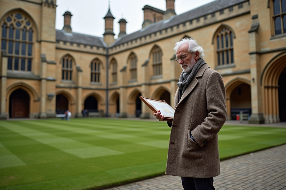 Homme âgé lisant une panneau dans un campus d