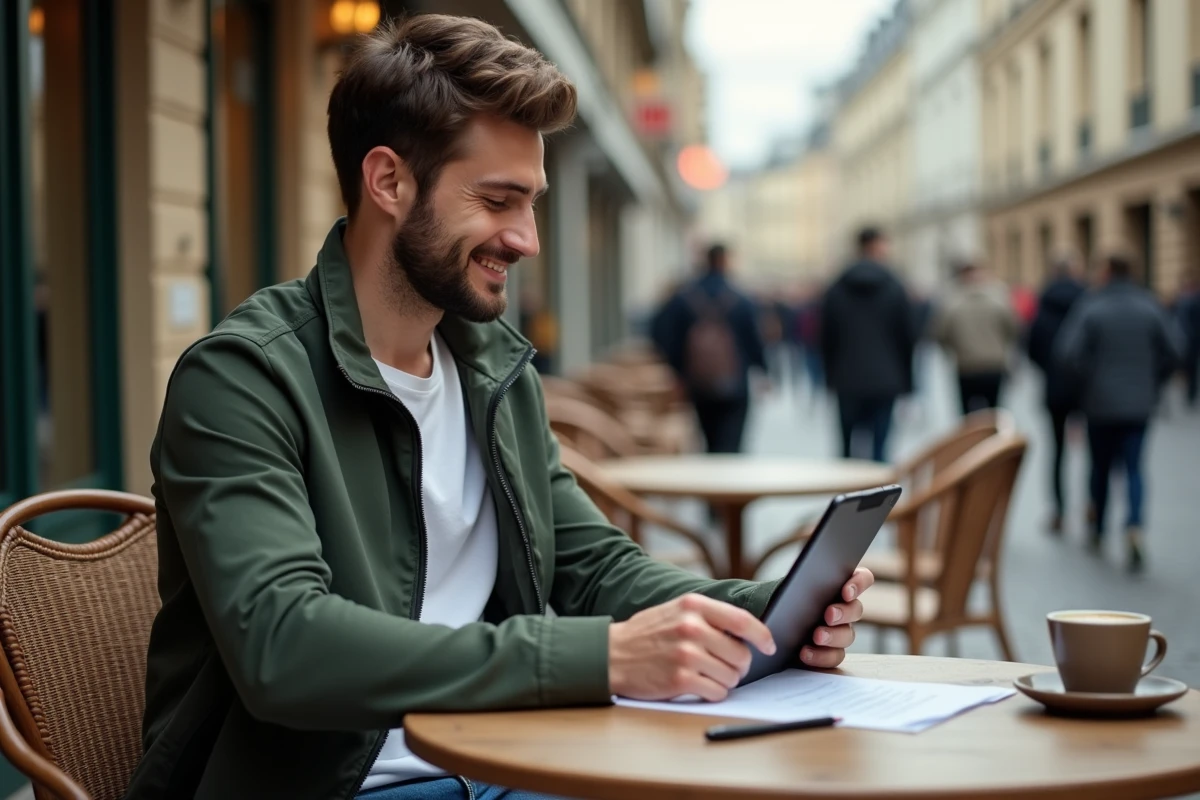 Homme en terrasse de café consultant un modèle de projet d'animation sur tablette avec checklist imprimée sur la table