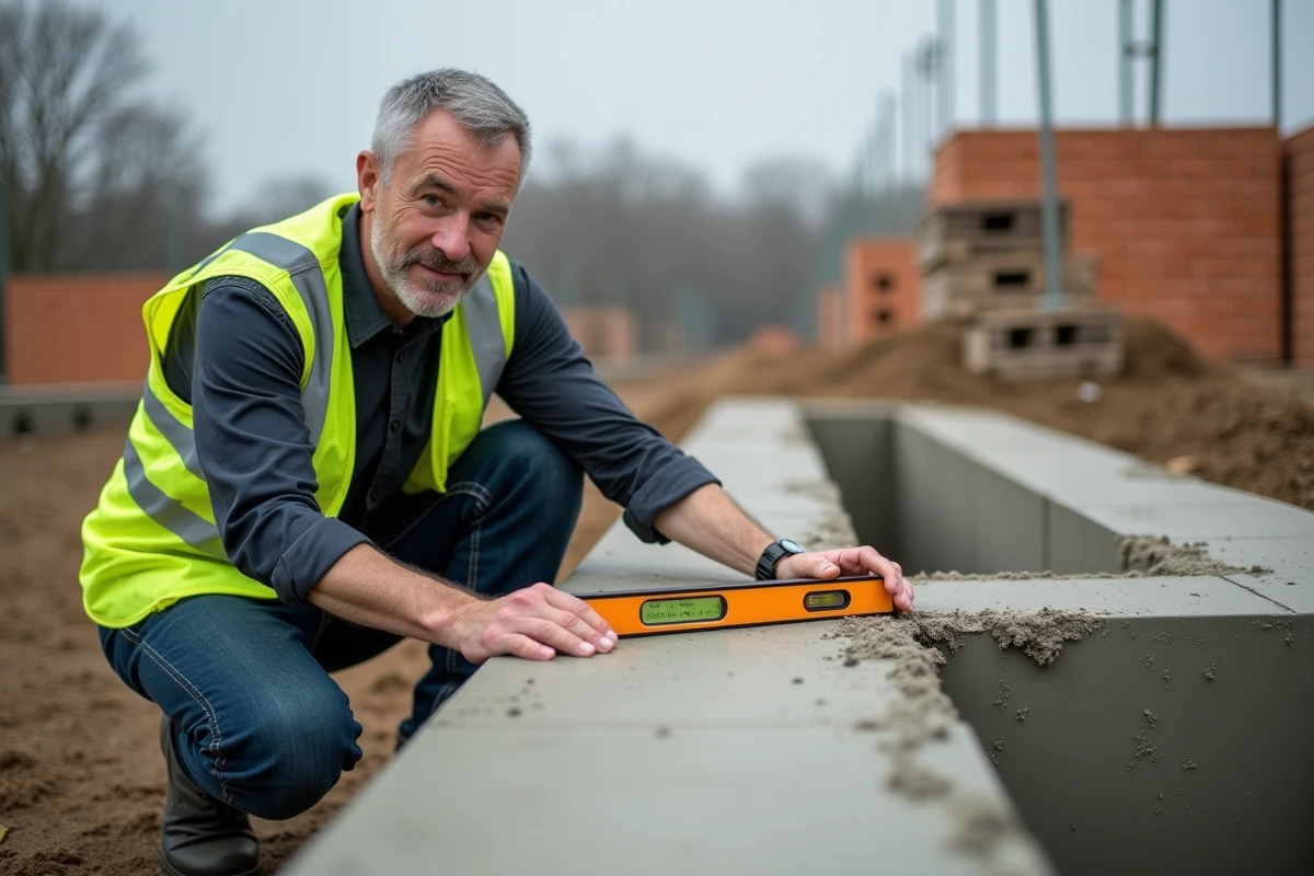 Homme en reconversion BTP examinant un mur en béton avec un niveau à bulle lors d'une formation pratique sur un chantier école
