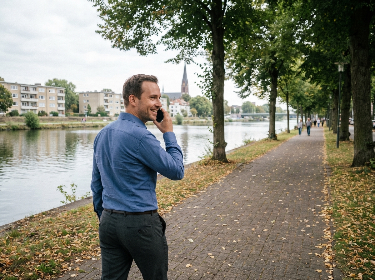 Homme marchant au bord de la rivière parlant au téléphone
