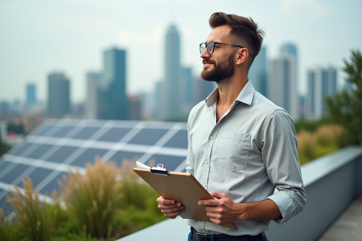 Homme en tenue décontractée discutant durban avec skyline urbain