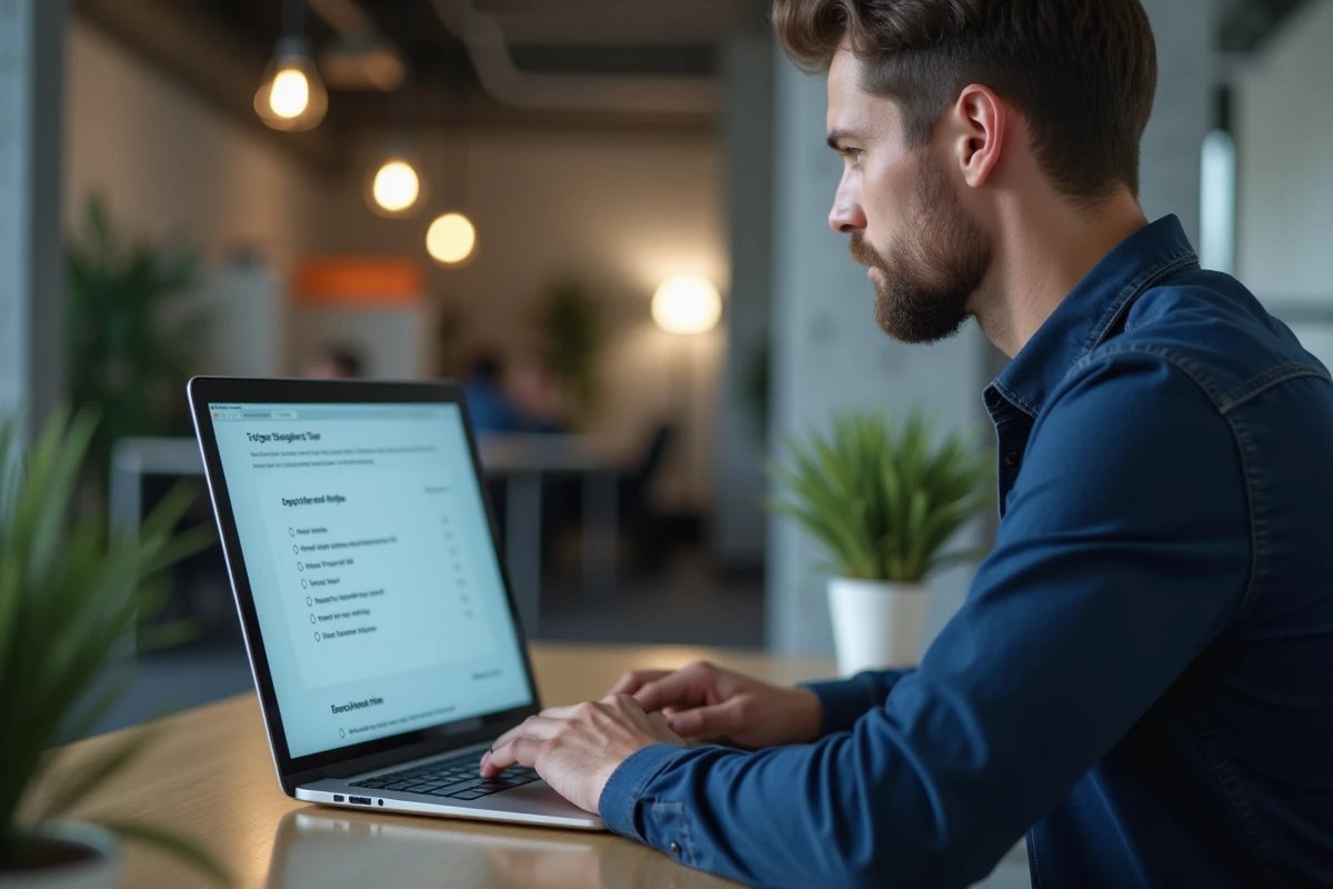 Homme en chemise bleue passant un test de QI en ligne sur un ordinateur portable dans un espace de coworking