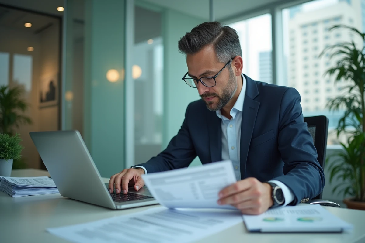 Homme professionnel travaillant sur son ordinateur au bureau