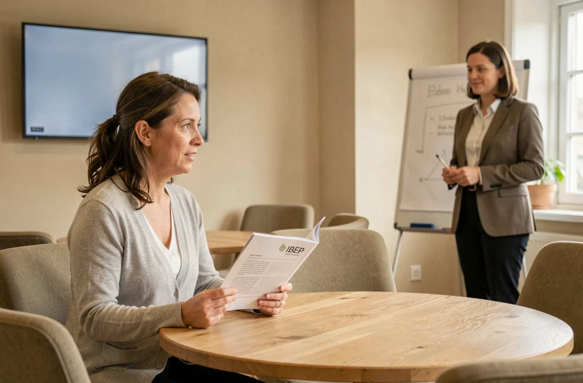 Femme adulte suivant une formation continue à l'IBEP Institut Breton d'Éducation Permanente dans une salle pédagogique chaleureuse