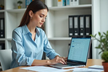 Administratrice scolaire inscrivant un élève sur le logiciel Easy Scol dans un bureau d'école organisé