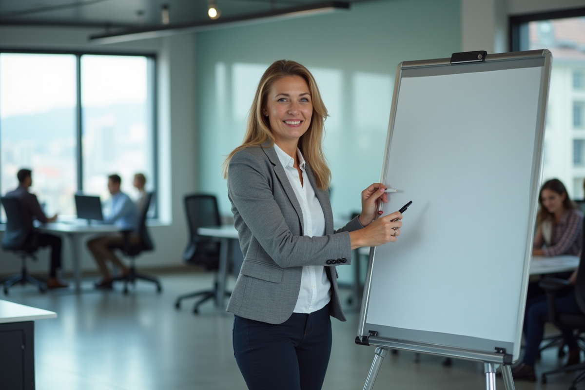 Formatrice écrivant sur un flipchart dans un bureau moderne