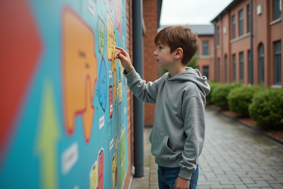 Jeune adolescent étudiant devant un mur éducatif coloré