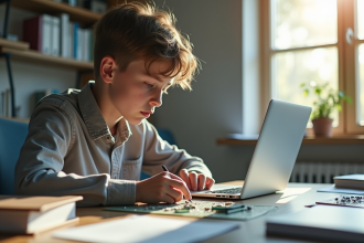 Jeune étudiant travaillant sur un circuit électronique lumineux