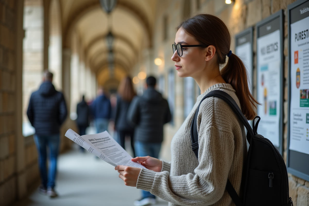 Jeune femme lisant flyer sur le campus universitaire