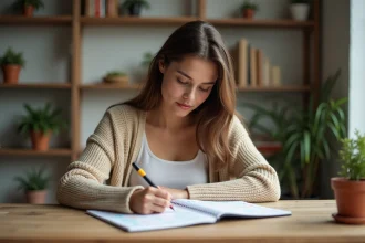 Jeune femme concentrée à remplir une table de déclinaisons allemandes