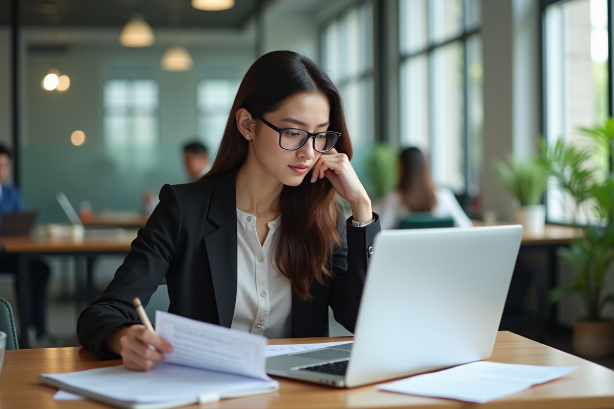 Jeune femme en bureau coworking avec documents et ordinateur