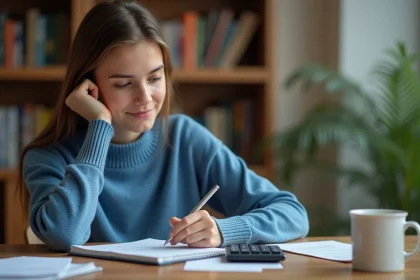 Jeune femme concentrée à son bureau avec calculatrice et carnet