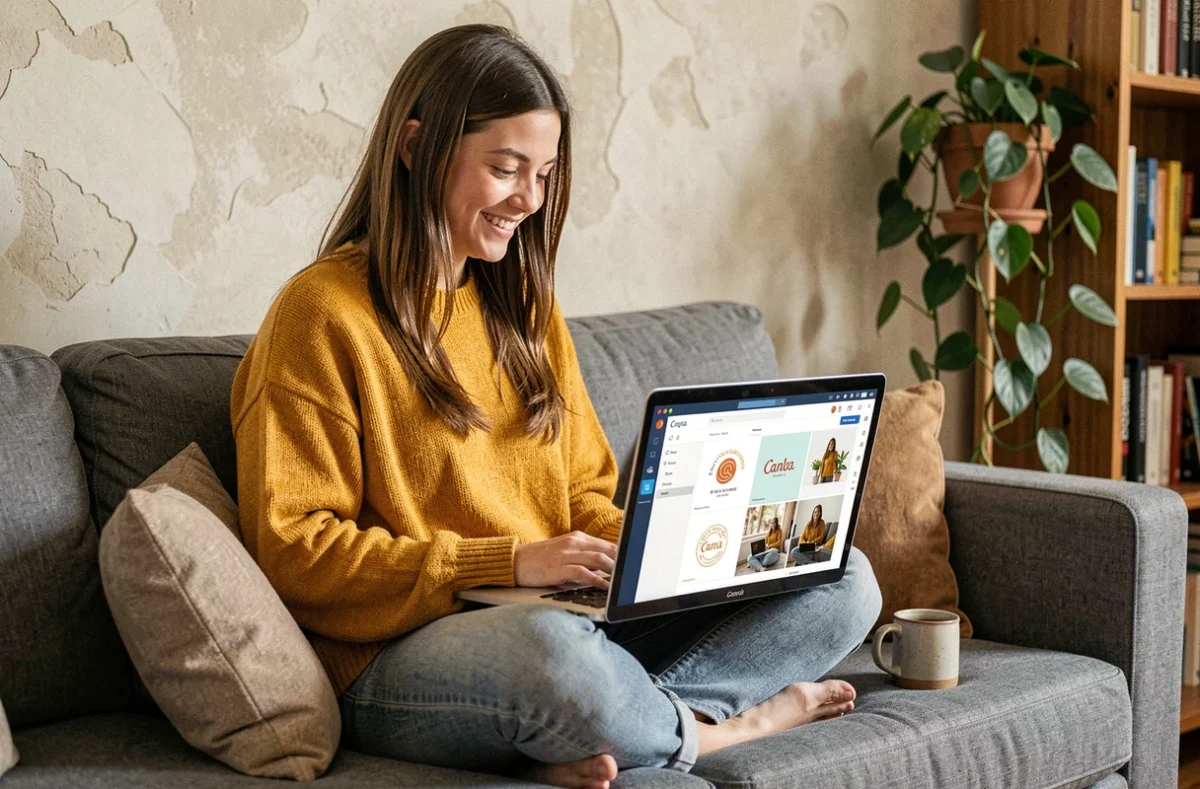 Jeune femme travaillant sur Canva depuis son canapé avec des visuels business terminés sur l'écran