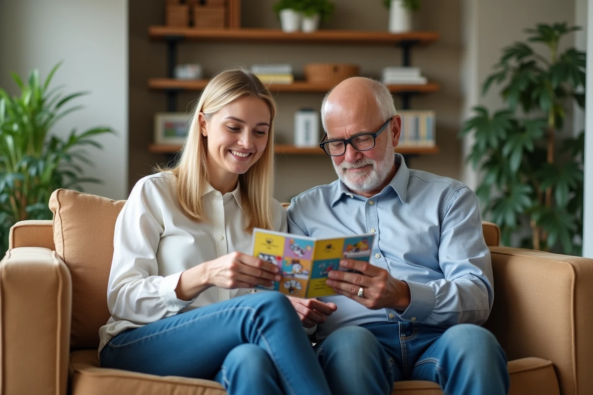 Jeune femme et homme âgé regardent des cartes éducatives sur l