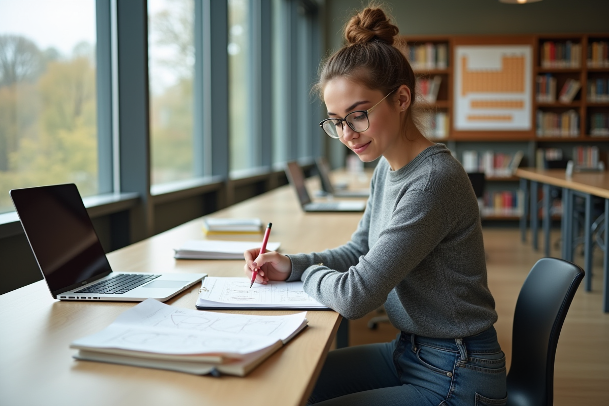 Jeune femme en bibliothèque dessinant un diagramme scientifique