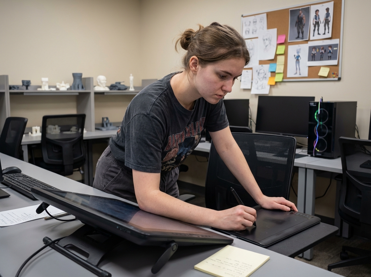 Jeune femme concentrée utilisant une tablette graphique en laboratoire