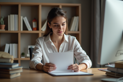 Jeune femme lisant un diplôme dans un bureau cosy