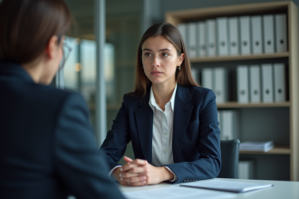Jeune femme en entretien d'embauche dans un bureau moderne