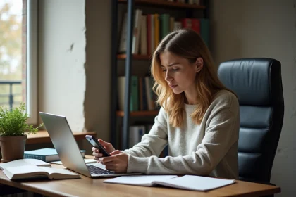 Jeune femme étudiante concentrée à son bureau avec livres