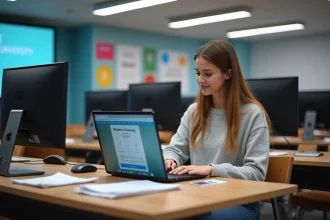 Jeune femme concentrée sur son ordinateur à Nanterre