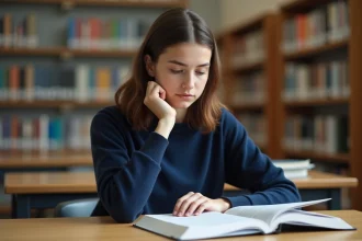 Jeune femme concentrée lisant des livres à la bibliothèque