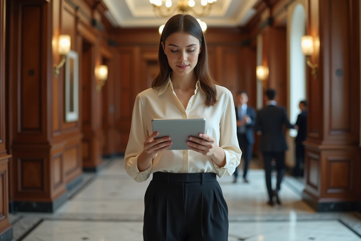 Jeune femme en robe claire utilisant une tablette en cour