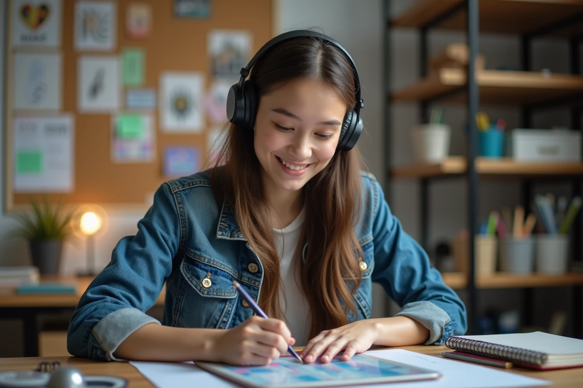 Jeune femme avec casque organisant un projet créatif sur tablette