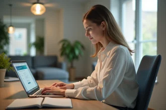 Jeune femme professionnelle concentrée sur son ordinateur portable