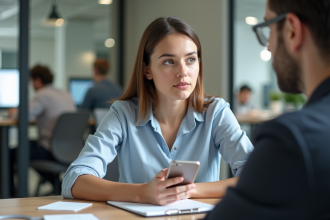 Jeune femme en bureau casual attentive à son superviseur