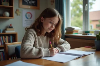 Jeune fille de 14 ans écrit une lettre de motivation dans sa chambre