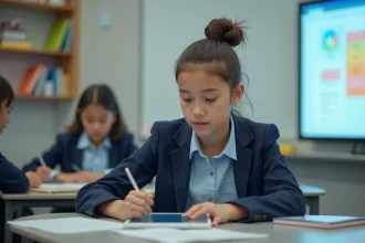 Jeune fille en uniforme scolaire utilisant une tablette dans une classe moderne