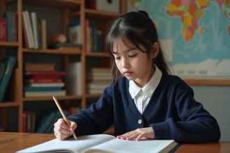 Jeune fille concentrée en étude d'espagnol dans une bibliothèque