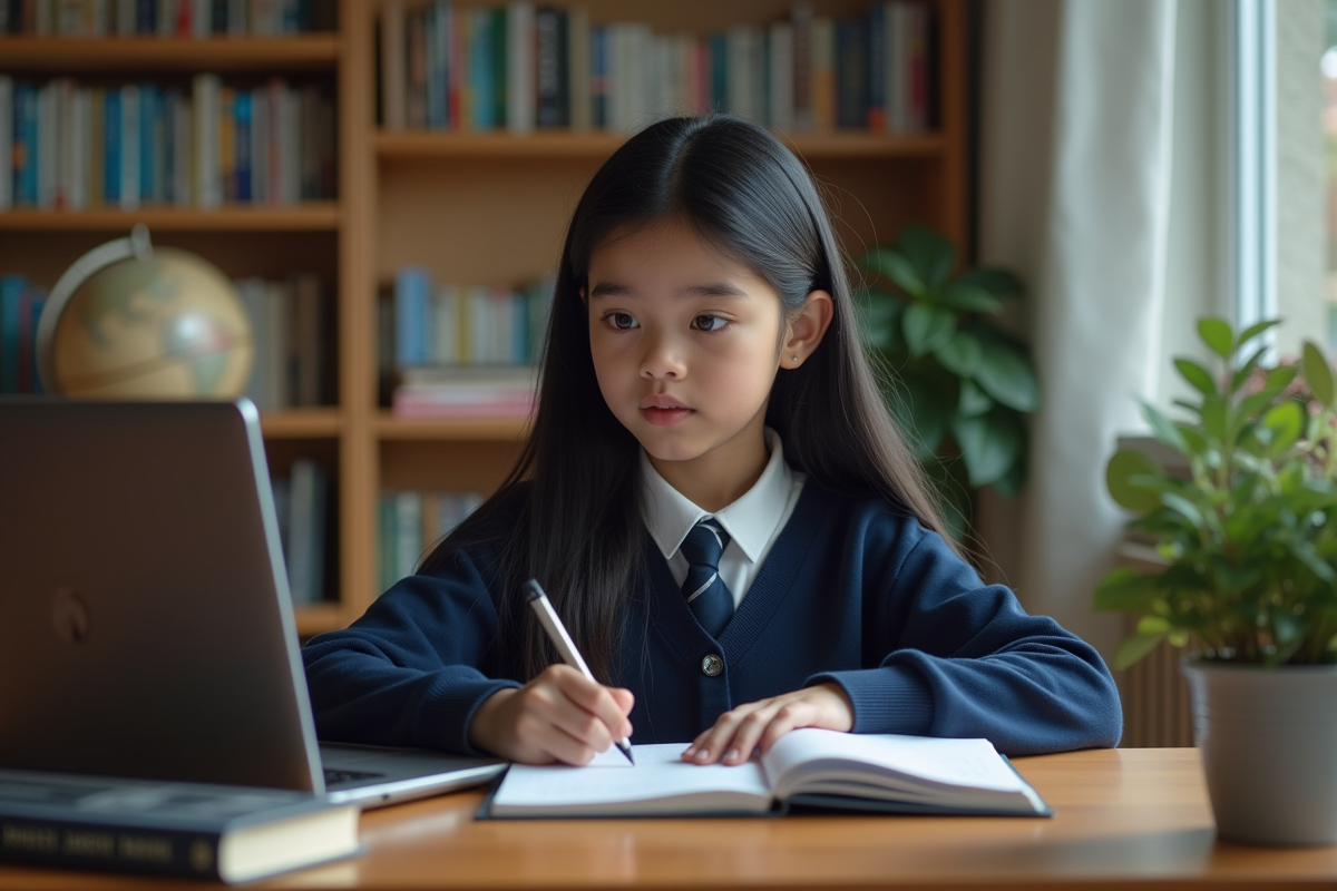 Jeune fille asiatique en uniforme scolaire concentrée sur son ordinateur