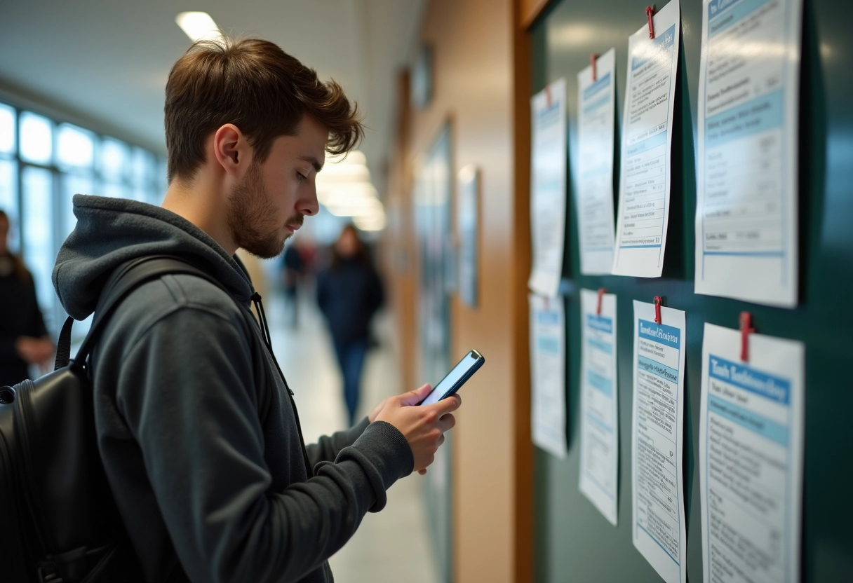 Jeune homme regardant les affiches sur un tableau universitaire