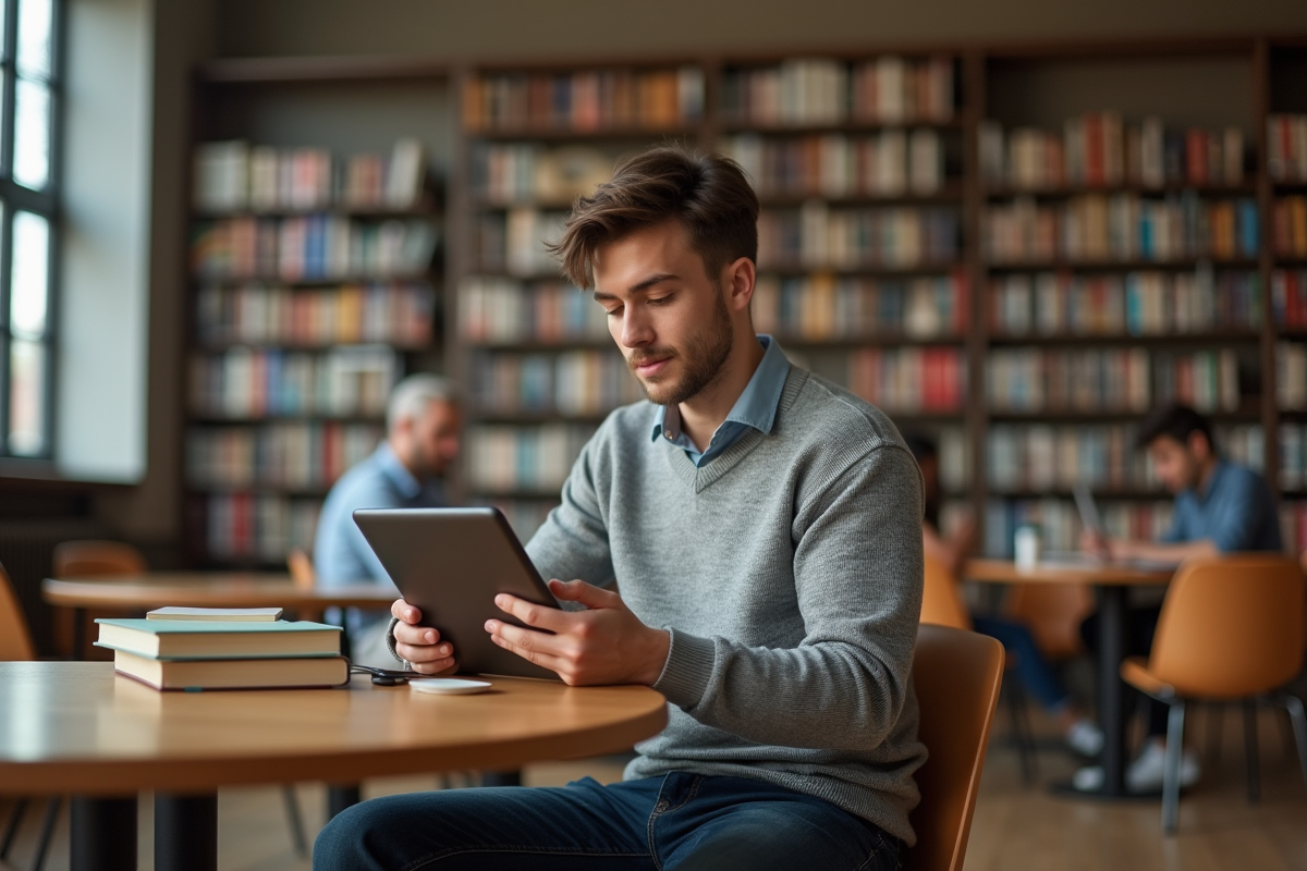 Jeune homme étudiant dans une bibliothèque universitaire
