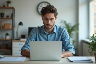 Jeune homme concentré sur son ordinateur dans un espace d'étude moderne