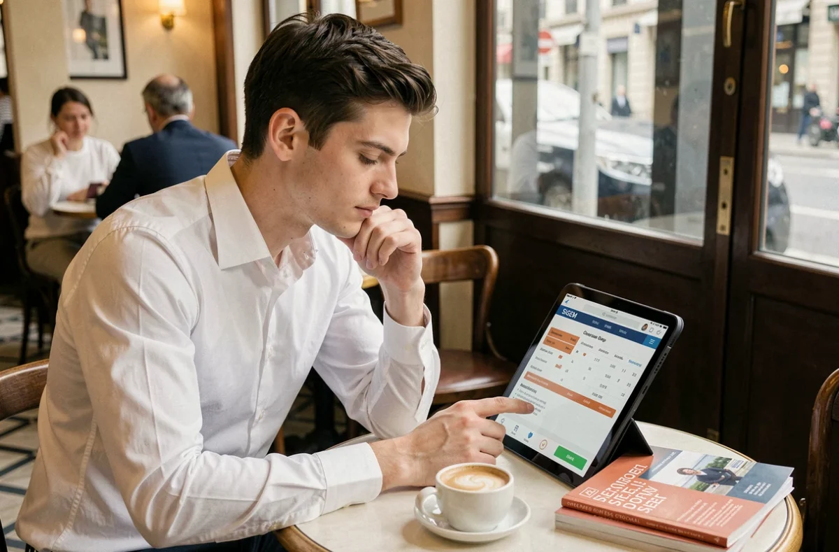 Jeune homme consultant le classement SIGEM 2026 sur tablette dans un café parisien pour orienter ses choix d'écoles