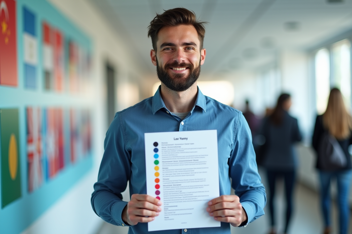 Jeune homme avec CV dans un couloir de bureau lumineux