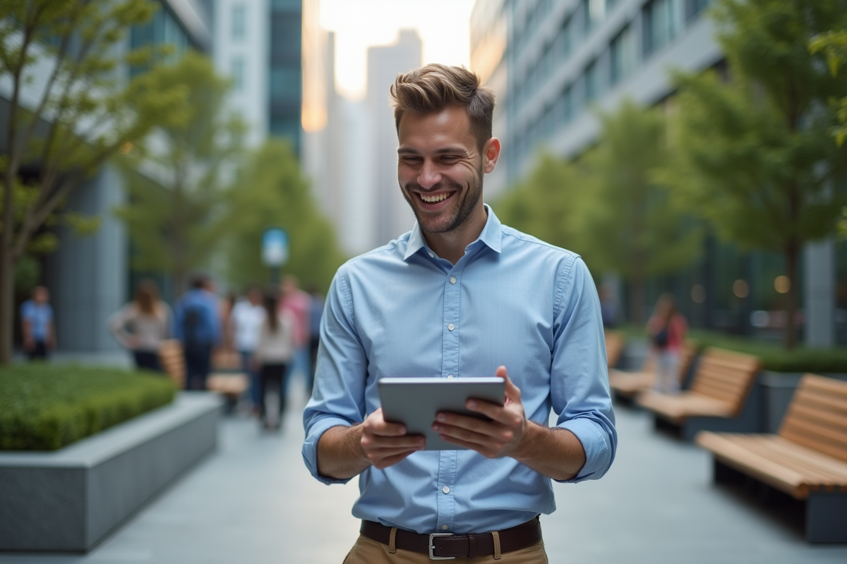 Jeune homme en extérieur montrant une démonstration sur sa tablette