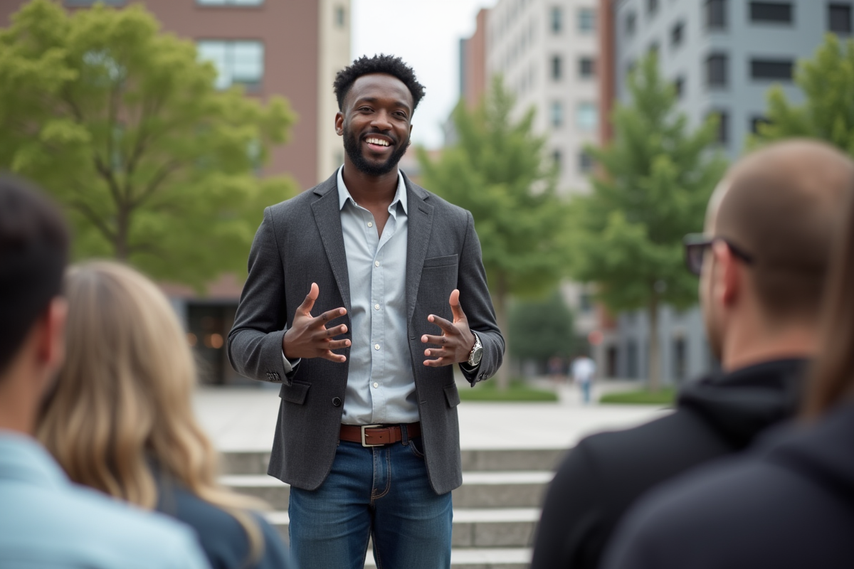 Jeune homme noir parlant avec un groupe en extérieur