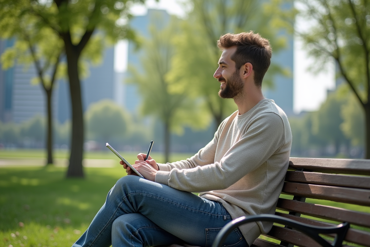 Jeune homme dans un parc urbain avec tablette