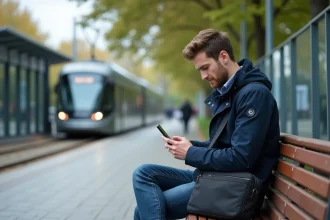 Jeune homme en ville à Amiens utilisant son smartphone