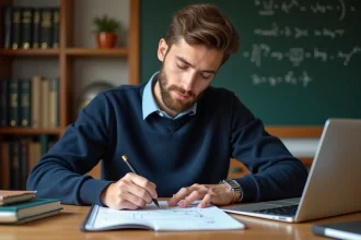 Jeune homme en sweater bleu esquissant des formules de trigonometrie