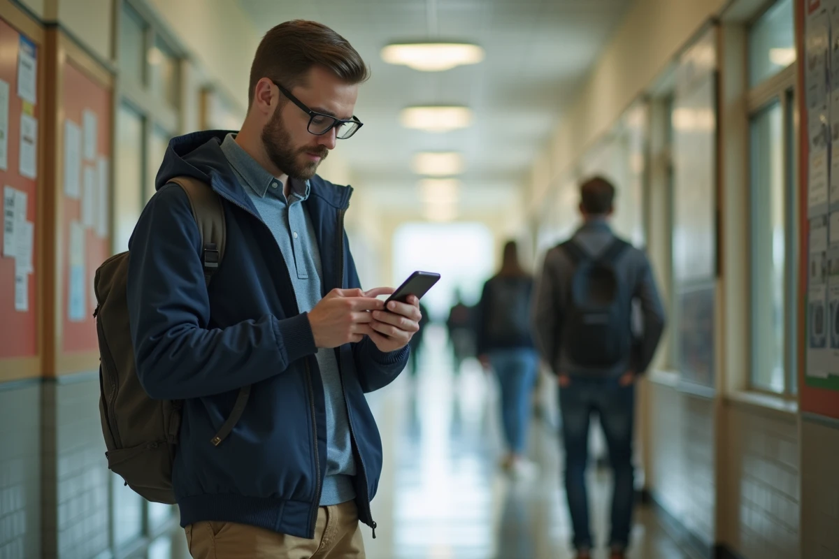 Jeune homme regardant son smartphone dans un couloir universitaire