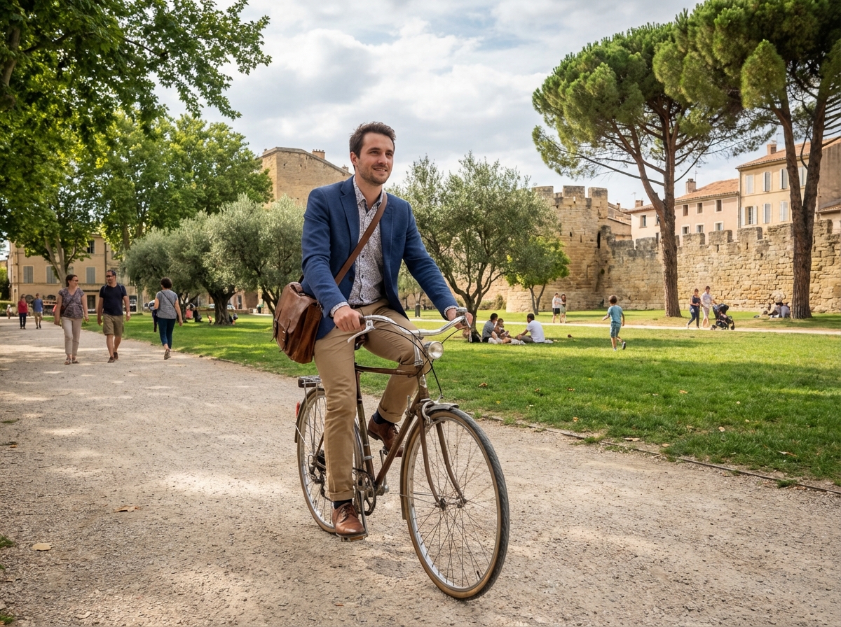 Jeune homme en vélo dans un parc à Orange