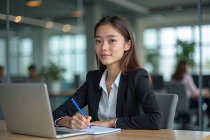 Jeune femme intern travaillant à son bureau moderne