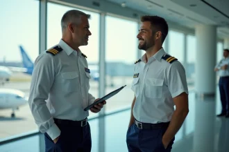 Jeune cadet de l'aviation en conversation avec un instructeur à l'aéroport